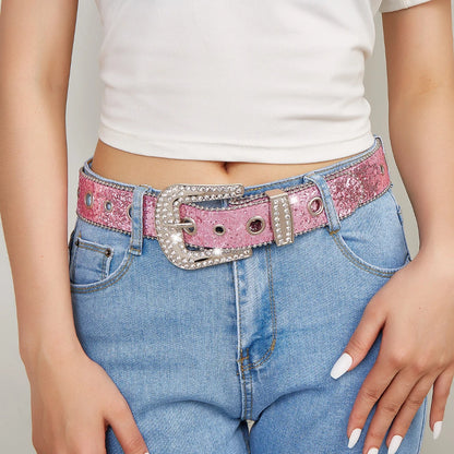 Rhinestone Western Cowgirl Belt - Y2K Sparkling PU Leather Accessory for Women - ZOOMNSTORE