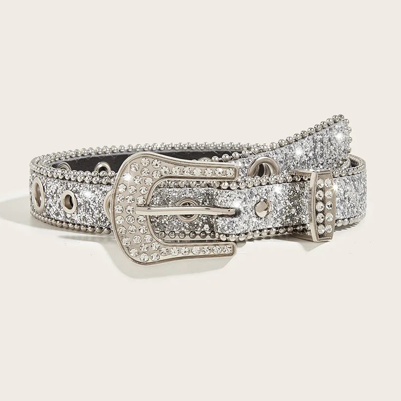 Rhinestone Western Cowgirl Belt - Y2K Sparkling PU Leather Accessory for Women - ZOOMNSTORE