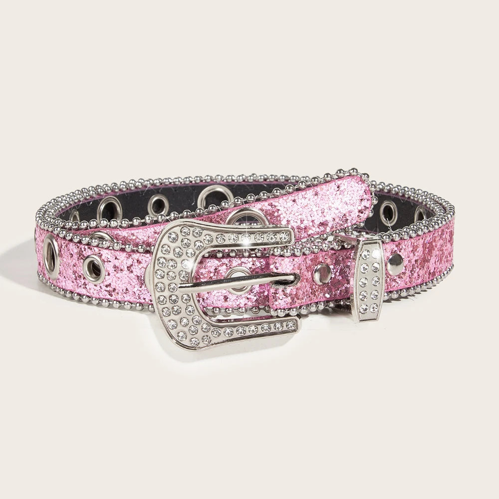 Rhinestone Western Cowgirl Belt - Y2K Sparkling PU Leather Accessory for Women - ZOOMNSTORE