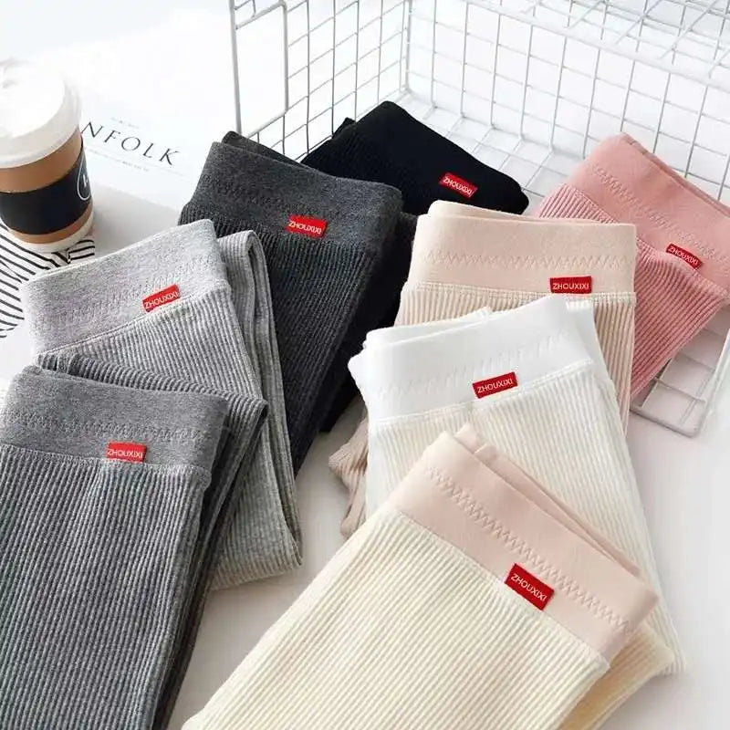 Ribbed Leggings Women - High Waist Cotton Blend Warm Winter Leggings | Casual Threaded Pants - ZOOMNSTORE