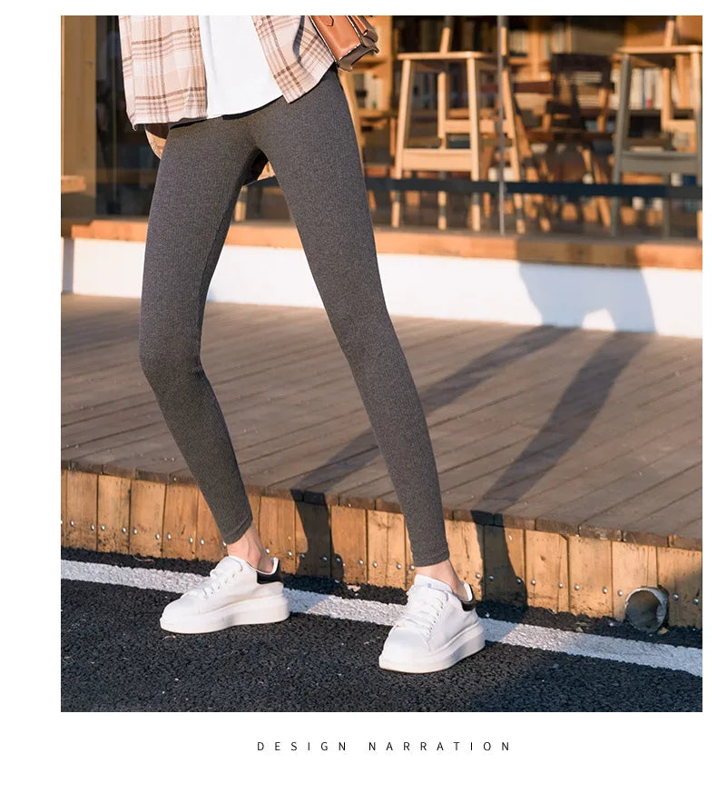 Ribbed Leggings Women - High Waist Cotton Blend Warm Winter Leggings | Casual Threaded Pants - ZOOMNSTORE