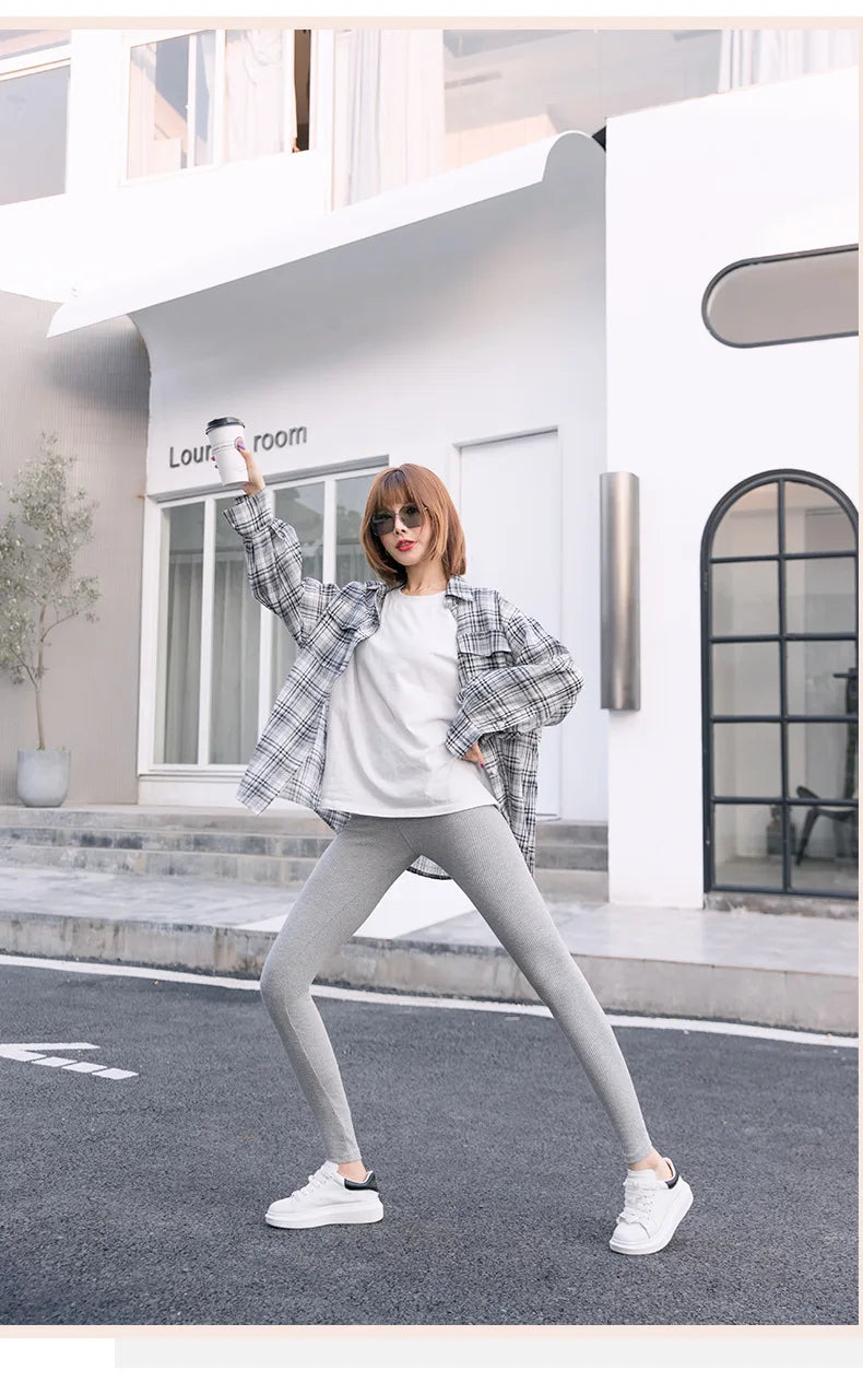 Ribbed Leggings Women - High Waist Cotton Blend Warm Winter Leggings | Casual Threaded Pants - ZOOMNSTORE