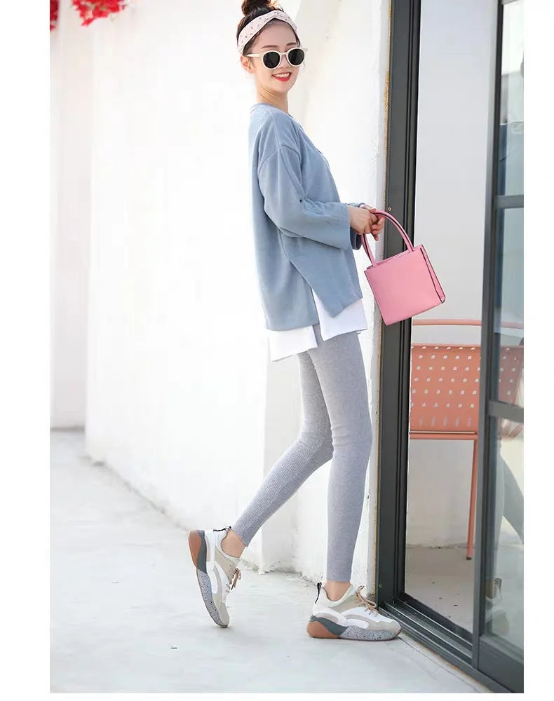 Ribbed Leggings Women - High Waist Cotton Blend Warm Winter Leggings | Casual Threaded Pants - ZOOMNSTORE