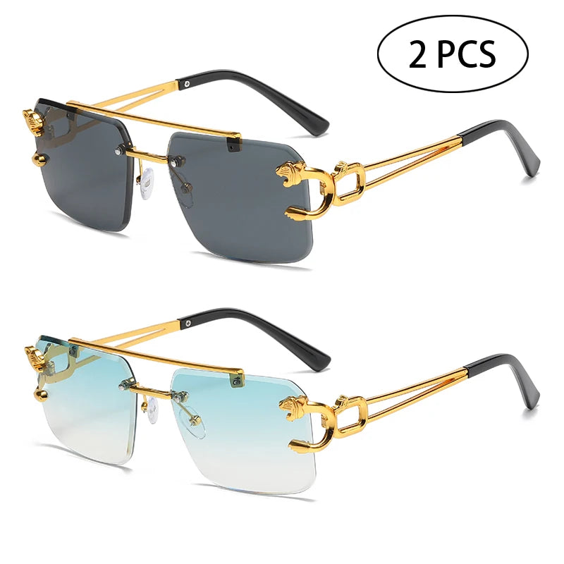 Rimless Square Double Bridge Sunglasses - Vintage UV400 Shades for Men and Women - ZOOMNSTORE