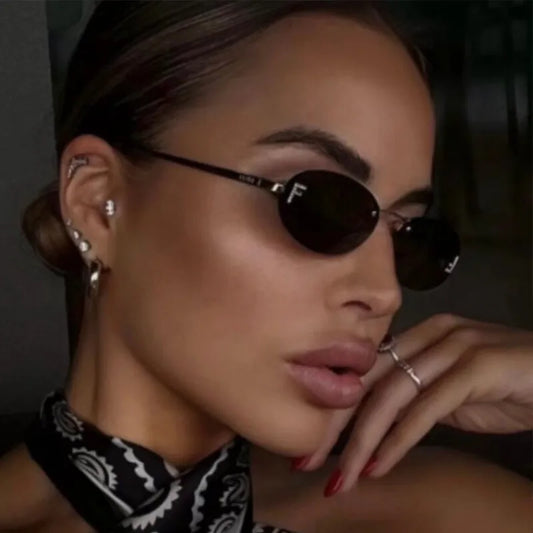 Luxury Rimless Diamond Letter F Sunglasses - Black Metal Oval Shades UV400 for Women - ZOOMNSTORE