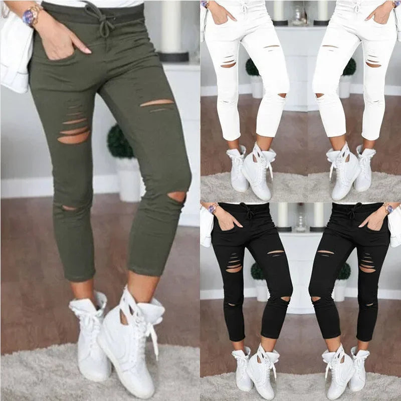 Ripped Jeans Women - Plus Size Mid Waist Stretch Pencil Pants With Holes - ZOOMNSTORE