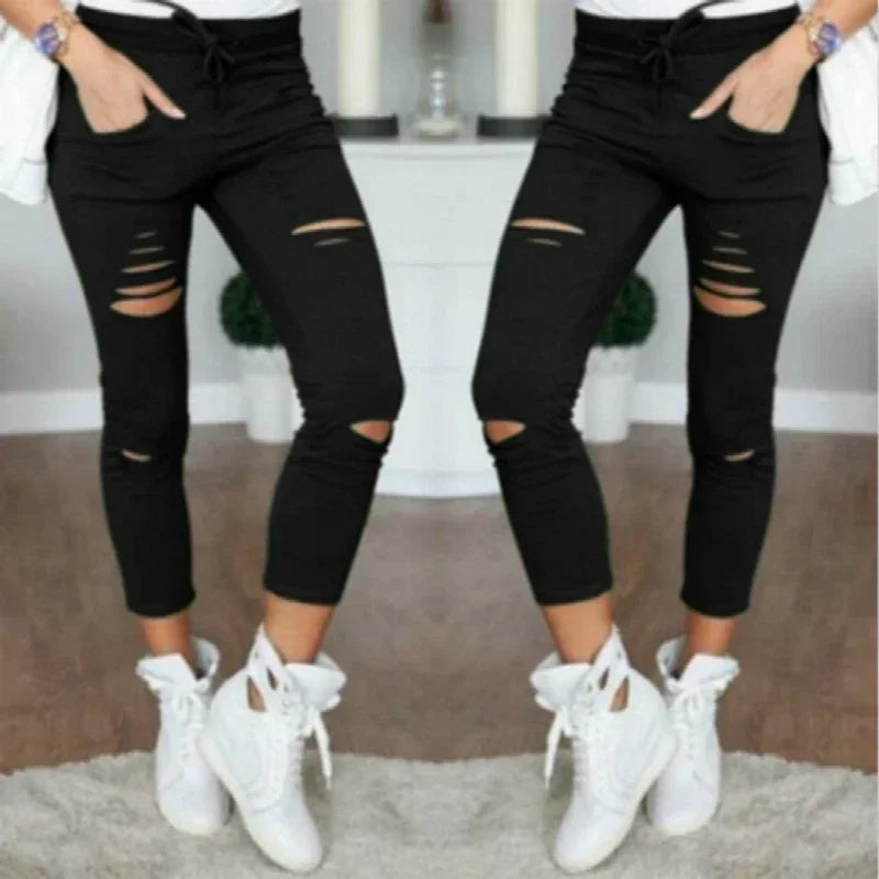 Ripped Jeans Women - Plus Size Mid Waist Stretch Pencil Pants With Holes - ZOOMNSTORE