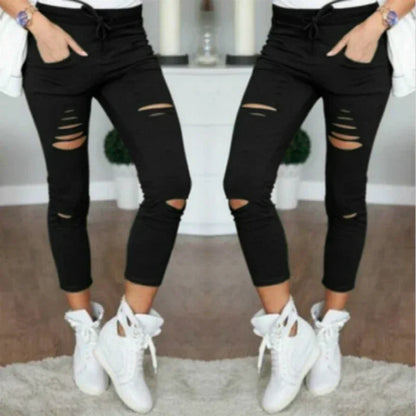 Ripped Jeans Women - Plus Size Mid Waist Stretch Pencil Pants With Holes - ZOOMNSTORE