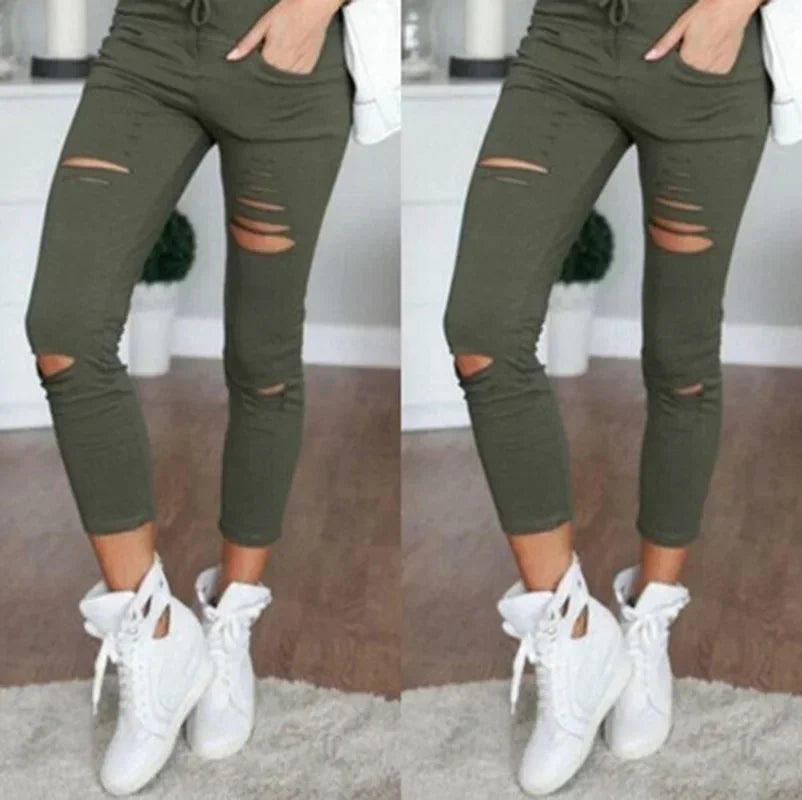 Ripped Jeans Women - Plus Size Mid Waist Stretch Pencil Pants With Holes - ZOOMNSTORE