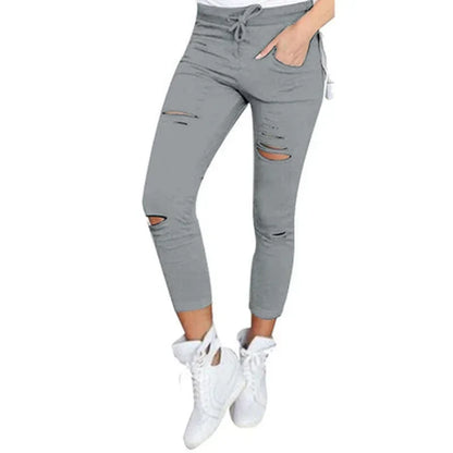Ripped Jeans Women - Plus Size Mid Waist Stretch Pencil Pants With Holes - ZOOMNSTORE