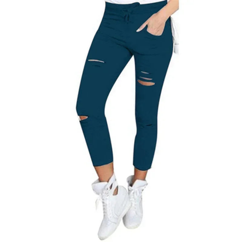 Ripped Jeans Women - Plus Size Mid Waist Stretch Pencil Pants With Holes - ZOOMNSTORE