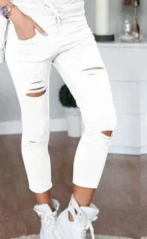 Ripped Jeans Women - Plus Size Mid Waist Stretch Pencil Pants With Holes - ZOOMNSTORE