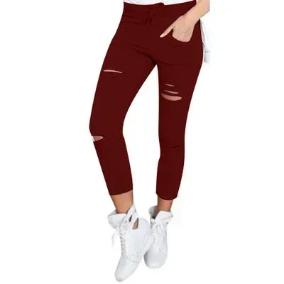 Ripped Jeans Women - Plus Size Mid Waist Stretch Pencil Pants With Holes - ZOOMNSTORE