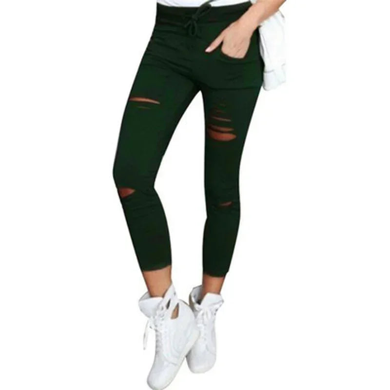 Ripped Jeans Women - Plus Size Mid Waist Stretch Pencil Pants With Holes - ZOOMNSTORE