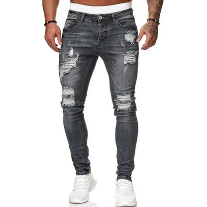Ripped Skinny Jeans - Men's Slim Fit Vintage Wash Denim With Zipper Fly Pockets - ZOOMNSTORE