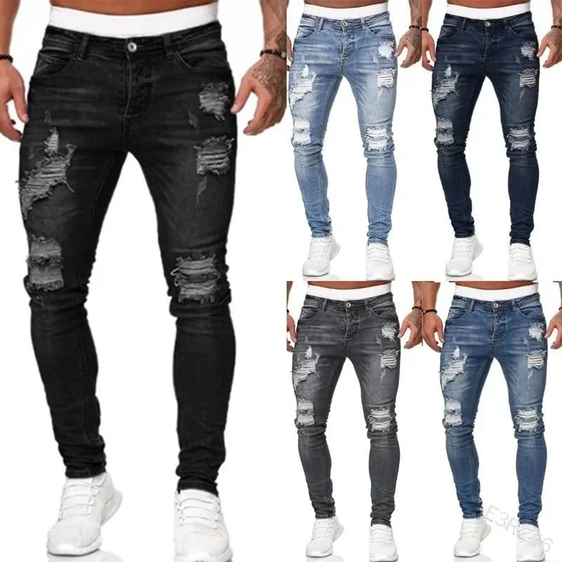 Ripped Skinny Jeans - Men's Slim Fit Vintage Wash Denim With Zipper Fly Pockets - ZOOMNSTORE
