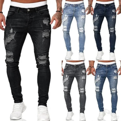 Ripped Skinny Jeans - Men's Slim Fit Vintage Wash Denim With Zipper Fly Pockets - ZOOMNSTORE