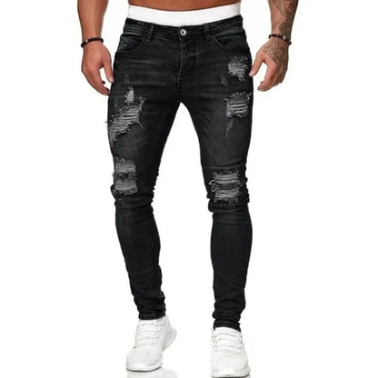 Ripped Skinny Jeans - Men's Slim Fit Vintage Wash Denim With Zipper Fly Pockets - ZOOMNSTORE