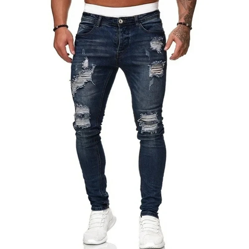Ripped Skinny Jeans - Men's Slim Fit Vintage Wash Denim With Zipper Fly Pockets - ZOOMNSTORE