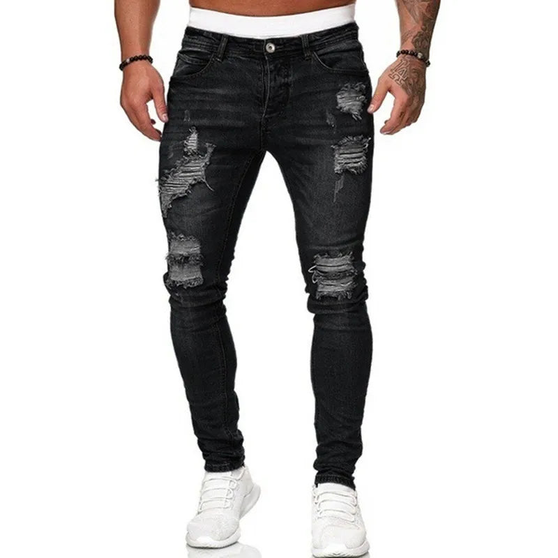 Ripped Skinny Jeans - Men's Slim Fit Vintage Wash Denim With Zipper Fly Pockets - ZOOMNSTORE