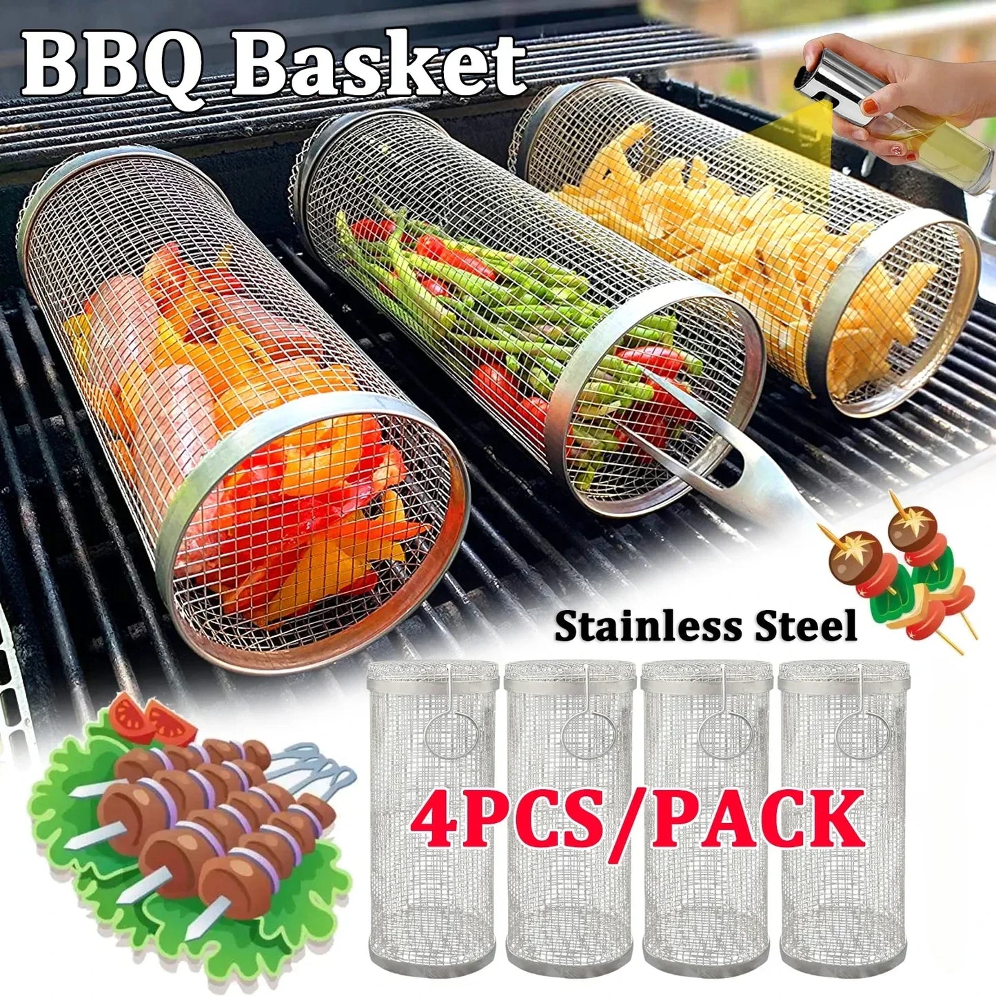 Rolling BBQ Basket - Stainless Steel Grill Mesh | Camping Barbecue Rack, Easy Clean - ZOOMNSTORE