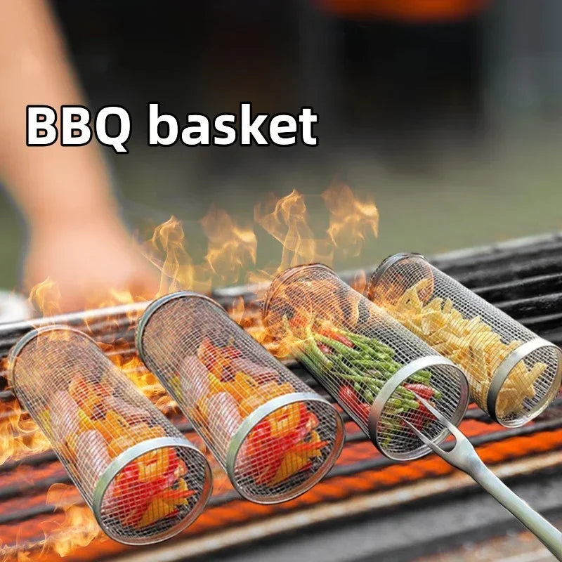 Rolling BBQ Basket - Stainless Steel Grill Mesh | Camping Barbecue Rack, Easy Clean - ZOOMNSTORE