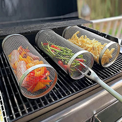 Rolling BBQ Basket - Stainless Steel Grill Mesh | Camping Barbecue Rack, Easy Clean - ZOOMNSTORE