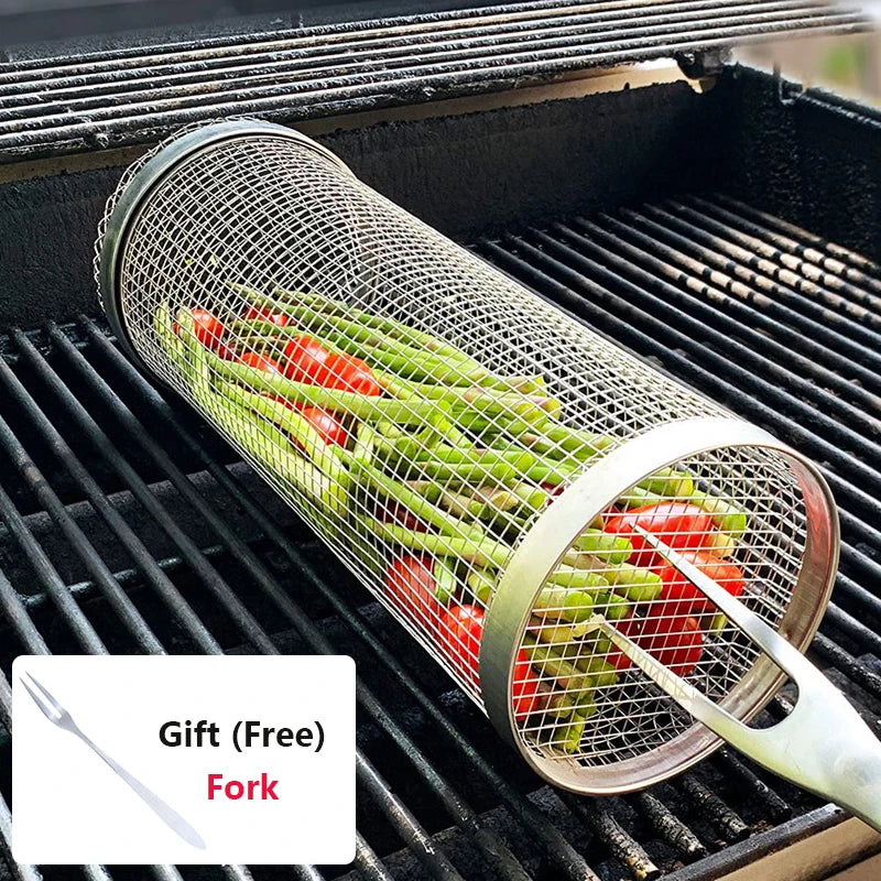 Rolling BBQ Basket - Stainless Steel Grill Mesh | Camping Barbecue Rack, Easy Clean - ZOOMNSTORE