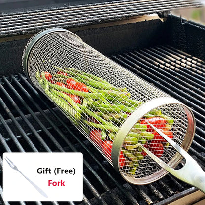 Rolling BBQ Basket - Stainless Steel Grill Mesh | Camping Barbecue Rack, Easy Clean - ZOOMNSTORE