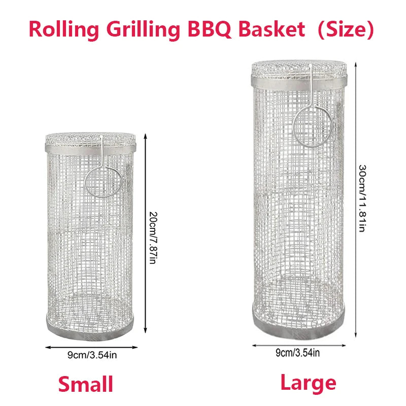 Rolling BBQ Basket - Stainless Steel Grill Mesh | Camping Barbecue Rack, Easy Clean - ZOOMNSTORE