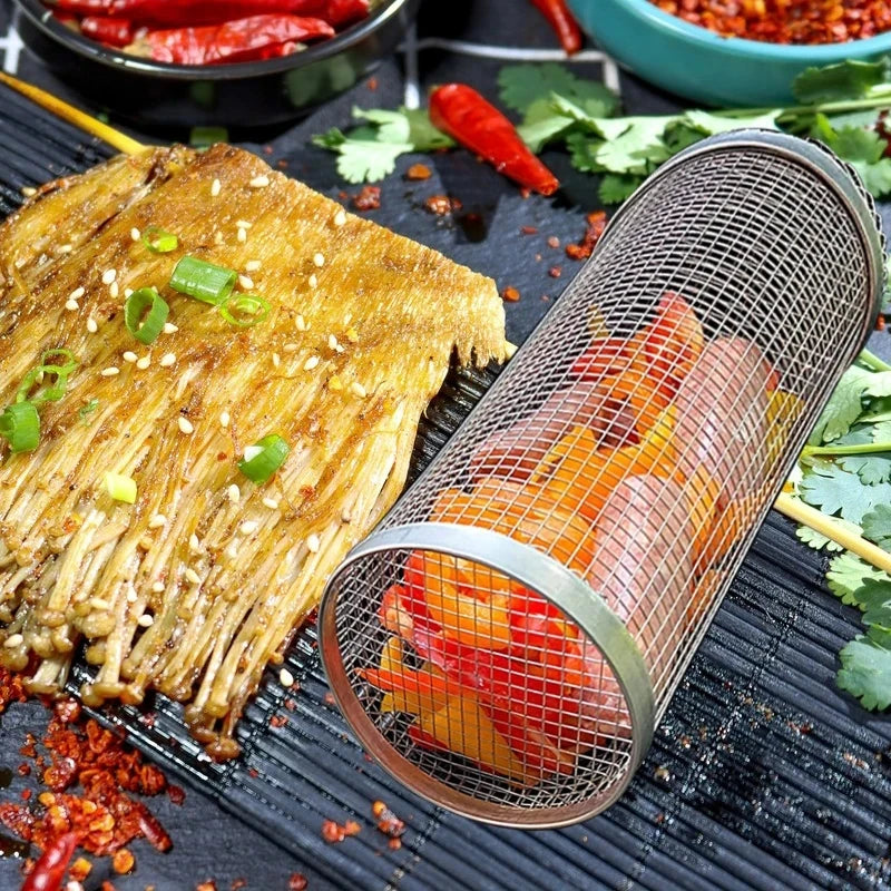 Rolling BBQ Basket - Stainless Steel Grill Mesh | Camping Barbecue Rack, Easy Clean - ZOOMNSTORE