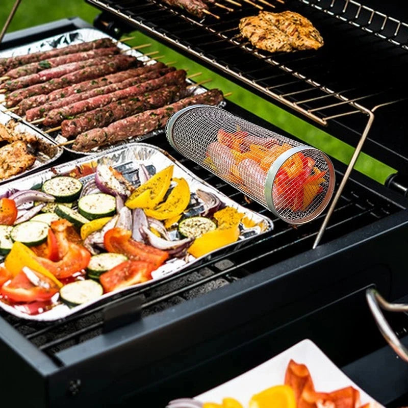 Rolling BBQ Basket - Stainless Steel Grill Mesh | Camping Barbecue Rack, Easy Clean - ZOOMNSTORE