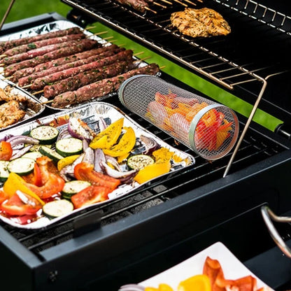 Rolling BBQ Basket - Stainless Steel Grill Mesh | Camping Barbecue Rack, Easy Clean - ZOOMNSTORE