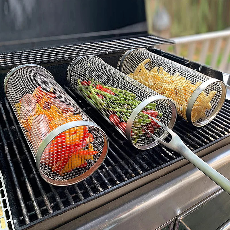 Rolling BBQ Basket - Stainless Steel Grill Mesh | Camping Barbecue Rack, Easy Clean - ZOOMNSTORE