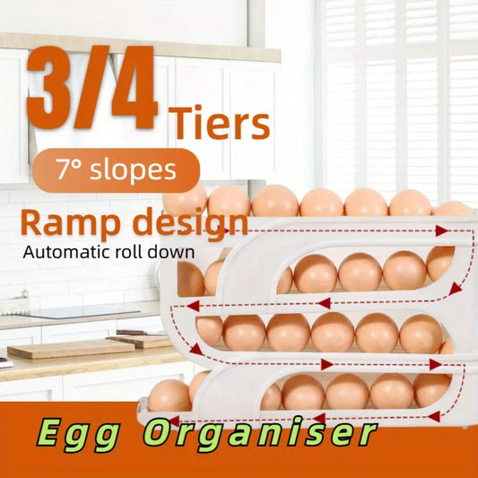 Rolling Egg Storage Box - 3/4 Tier Home Refrigerator Egg Holder | Easy Clean Plastic Organizer - ZOOMNSTORE