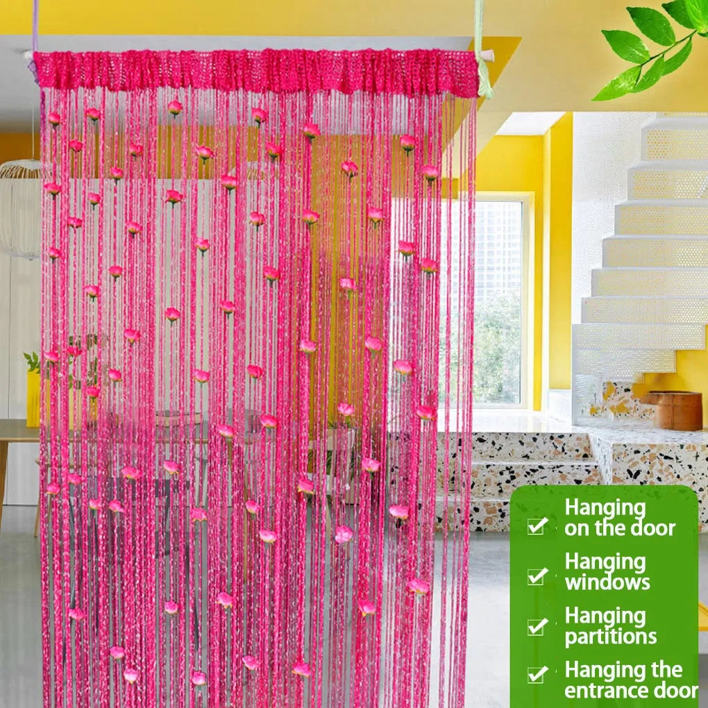 Rose Flower Door Curtain - 3D Tassel String Privacy Window Panel for Living Room - ZOOMNSTORE