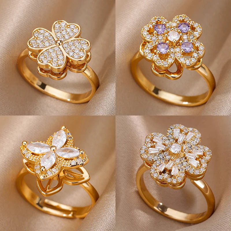 Four Clover Rotating Anxiety Rings for Women Gold Color Adjustable Stainless Steel Wedding Ring Aesthetic Jewelry Gift anillos - ZOOMNSTORE