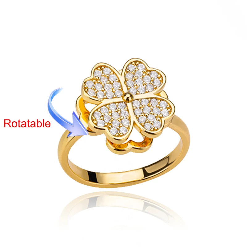 Four Clover Rotating Anxiety Rings for Women Gold Color Adjustable Stainless Steel Wedding Ring Aesthetic Jewelry Gift anillos - ZOOMNSTORE