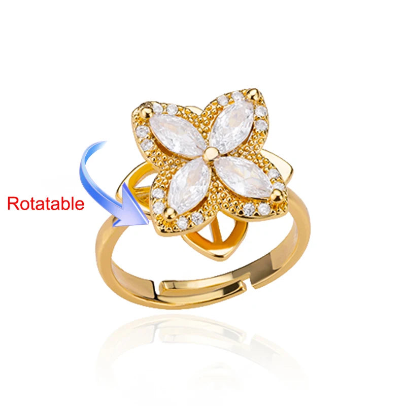Four Clover Rotating Anxiety Rings for Women Gold Color Adjustable Stainless Steel Wedding Ring Aesthetic Jewelry Gift anillos - ZOOMNSTORE