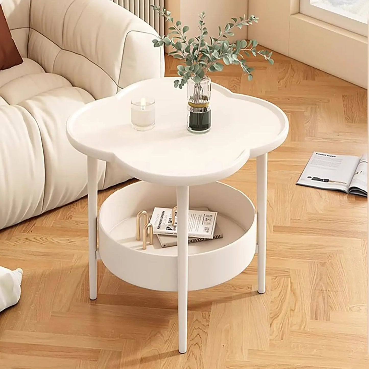 Round End Table - 2-Tier Flower Shape Side Table with Storage Basket | White Bedside Nightstand - ZOOMNSTORE