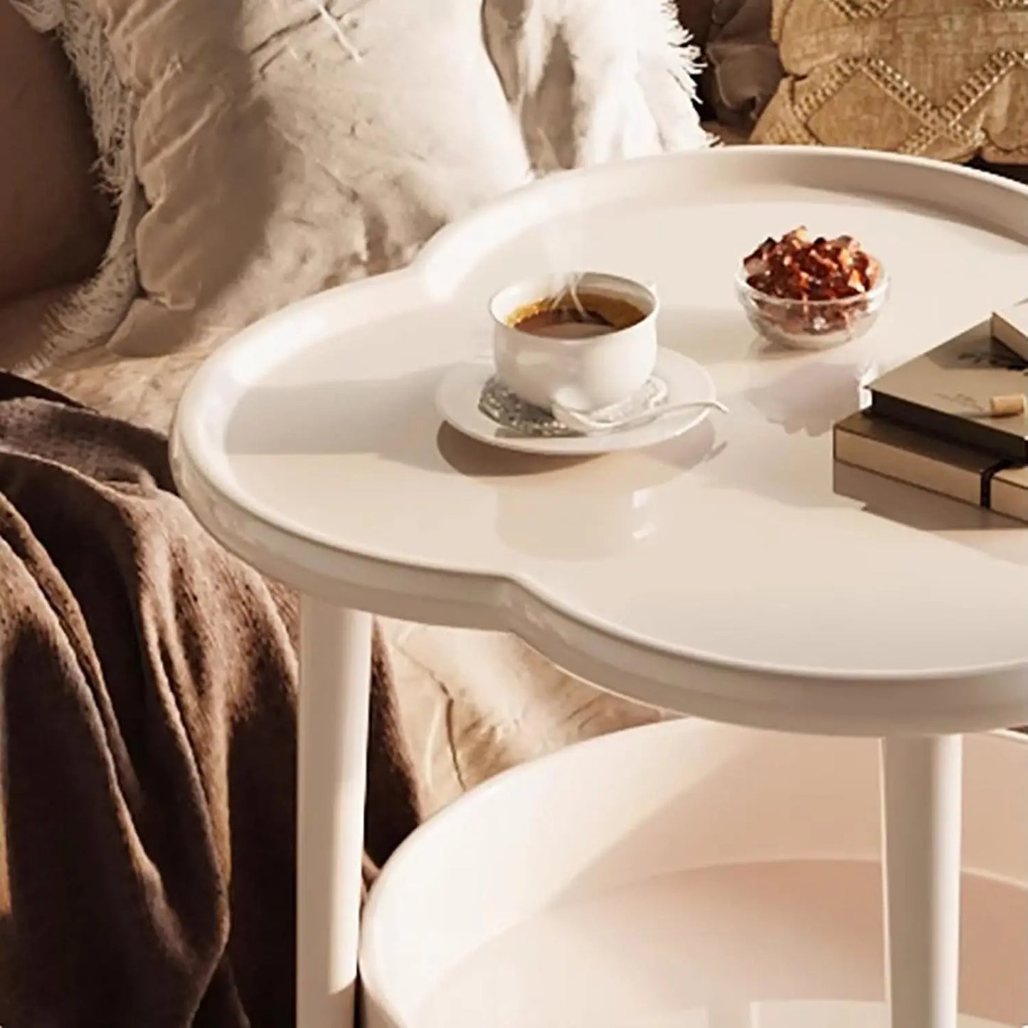 Round End Table - 2-Tier Flower Shape Side Table with Storage Basket | White Bedside Nightstand - ZOOMNSTORE