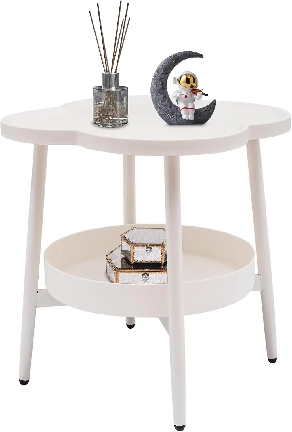Round End Table - 2-Tier Flower Shape Side Table with Storage Basket | White Bedside Nightstand - ZOOMNSTORE