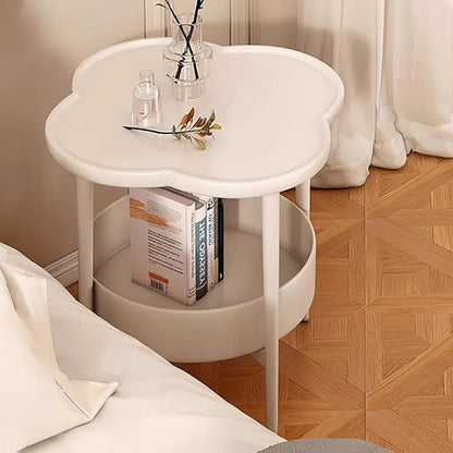 Round End Table - 2-Tier Flower Shape Side Table with Storage Basket | White Bedside Nightstand - ZOOMNSTORE