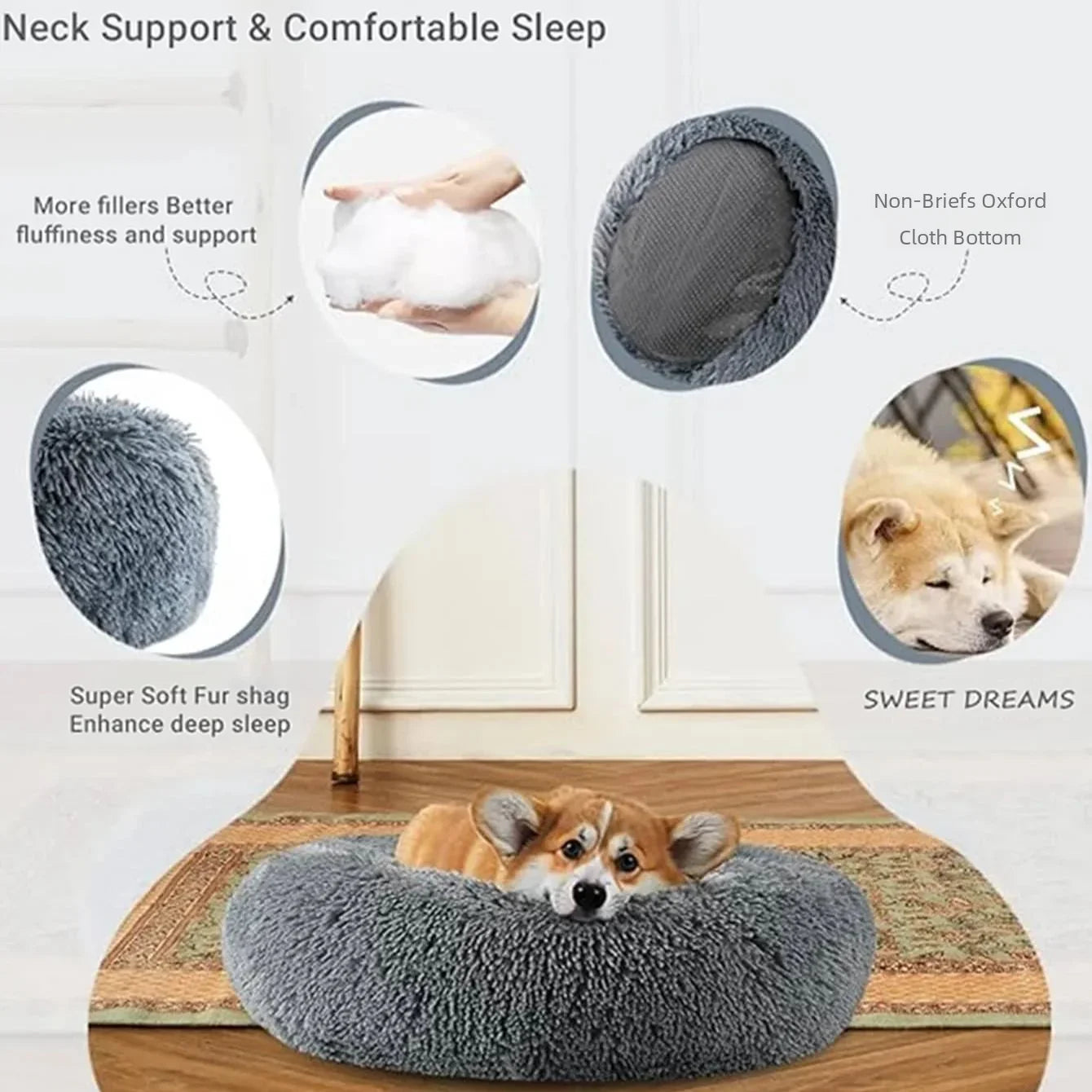 Round Pet Bed | Large Dog Bed Soft Plush Dog House Cozy Winter Sleeping - ZOOMNSTORE