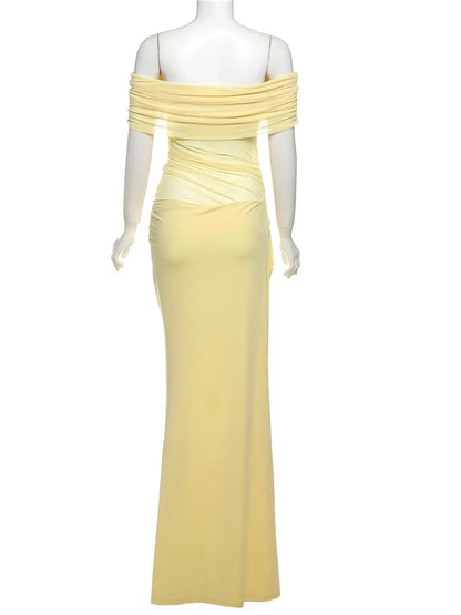 Ruched Bodycon Dress – Mesh Patchwork Sheath With Slash Neck & Short Sleeves - ZOOMNSTORE