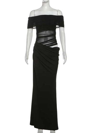 Ruched Bodycon Dress – Mesh Patchwork Sheath With Slash Neck & Short Sleeves - ZOOMNSTORE