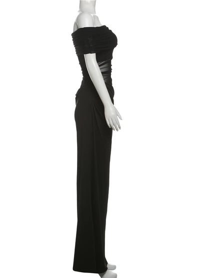 Ruched Bodycon Dress – Mesh Patchwork Sheath With Slash Neck & Short Sleeves - ZOOMNSTORE