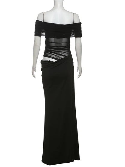Ruched Bodycon Dress – Mesh Patchwork Sheath With Slash Neck & Short Sleeves - ZOOMNSTORE