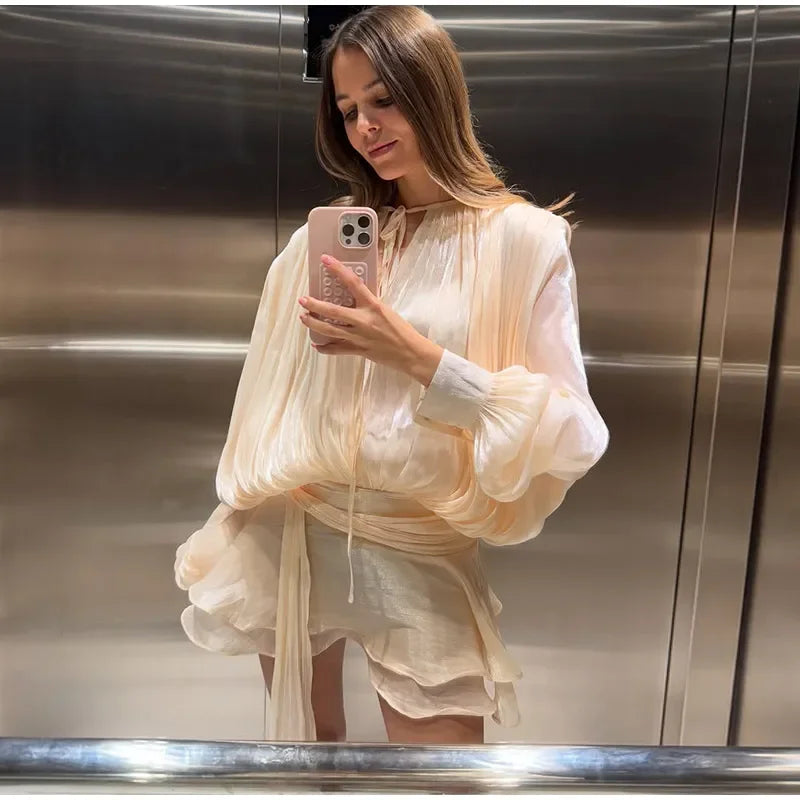 Elegant Ruched Mini Dress - Womens Lantern Sleeve High Waist Fashion 2025 - ZOOMNSTORE