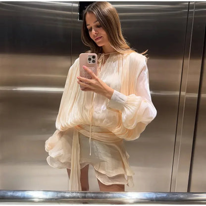 Elegant Ruched Mini Dress - Womens Lantern Sleeve High Waist Fashion 2025 - ZOOMNSTORE